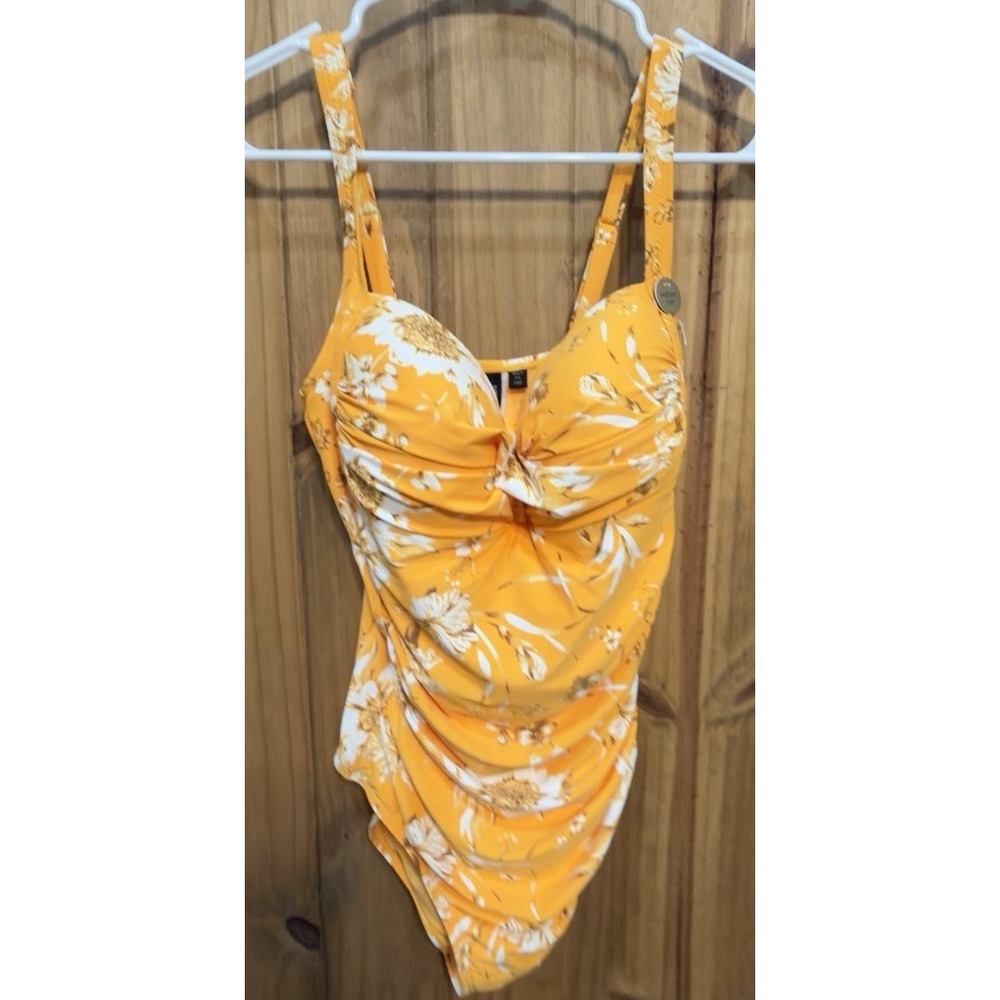 Nip Tuck Swim One Piece Swimsuit US 8 Orange Floral Ruched Multi Fit Cup NWOT